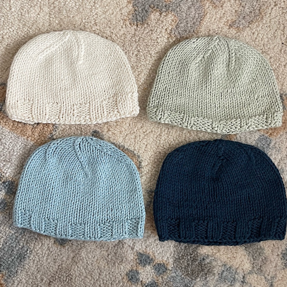 Hand knit organic Pima cotton baby hats, size 0/3months